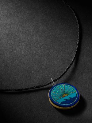 Gold, Turquoise, Lapis and Cord Pendant Necklace
