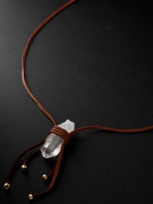 Gold, Quartz and Textured-Leather Necklace