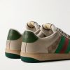 Screener Monogrammed Canvas and Webbing-Trimmed Distressed Leather Sneakers - BK Screener Monogrammed Canvas and Webbing-Trimmed Distressed Leather Sneakers - BK
