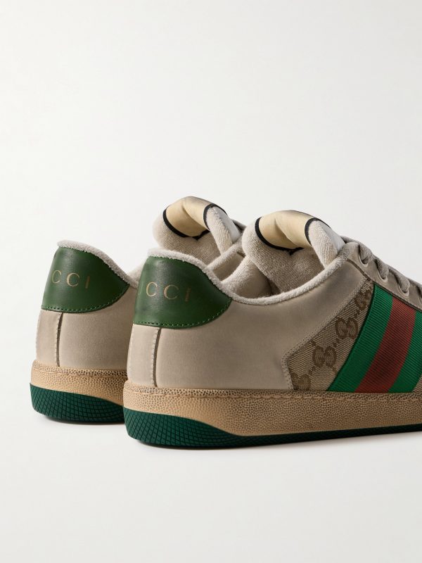 Screener Monogrammed Canvas and Webbing-Trimmed Distressed Leather Sneakers - BK Screener Monogrammed Canvas and Webbing-Trimmed Distressed Leather Sneakers - BK