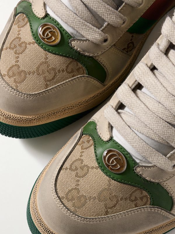 Screener Monogrammed Canvas and Webbing-Trimmed Distressed Leather Sneakers - CU Screener Monogrammed Canvas and Webbing-Trimmed Distressed Leather Sneakers - CU