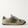 Screener Monogrammed Canvas and Webbing-Trimmed Distressed Leather Sneakers Screener Monogrammed Canvas and Webbing-Trimmed Distressed Leather Sneakers