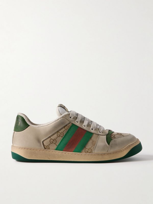 Screener Monogrammed Canvas and Webbing-Trimmed Distressed Leather Sneakers Screener Monogrammed Canvas and Webbing-Trimmed Distressed Leather Sneakers