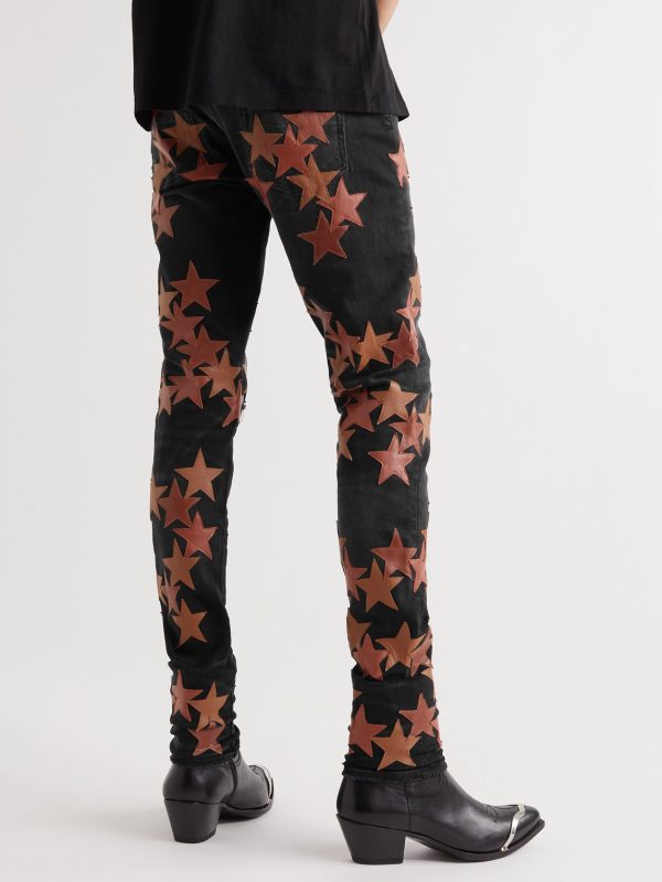 + Chemist Skinny-Fit Leather-Appliquéd Distressed Jeans - BK + Chemist Skinny-Fit Leather-Appliquéd Distressed Jeans - BK