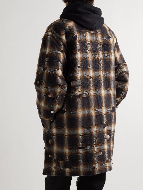 Distressed Checked Quilted Cotton-Flannel Shirt Jacket - BK Distressed Checked Quilted Cotton-Flannel Shirt Jacket - BK