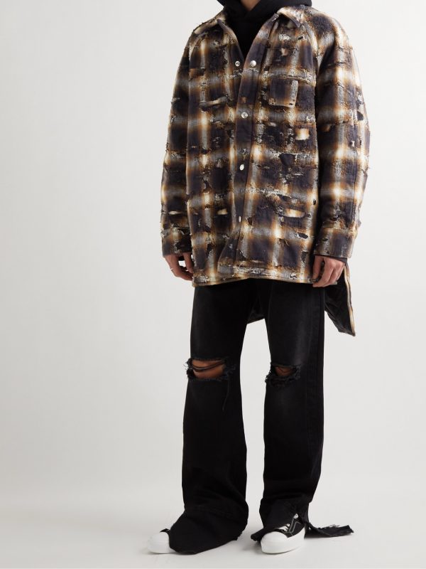 Distressed Checked Quilted Cotton-Flannel Shirt Jacket - OU Distressed Checked Quilted Cotton-Flannel Shirt Jacket - OU