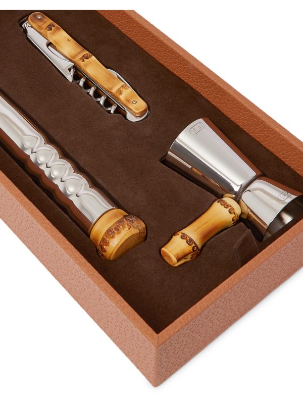 Bamboo, Leather and Stainless Steel Cocktail Set - E1