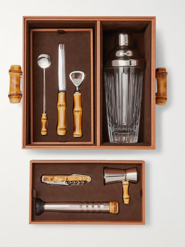Bamboo, Leather and Stainless Steel Cocktail Set
