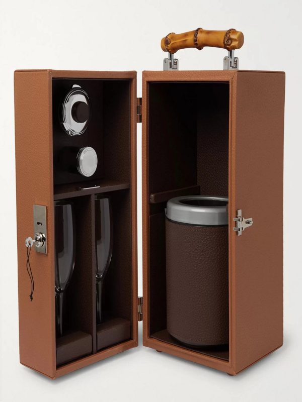 Full-Grain Leather and Bamboo Travel Champagne Cabinet Full-Grain Leather and Bamboo Travel Champagne Cabinet