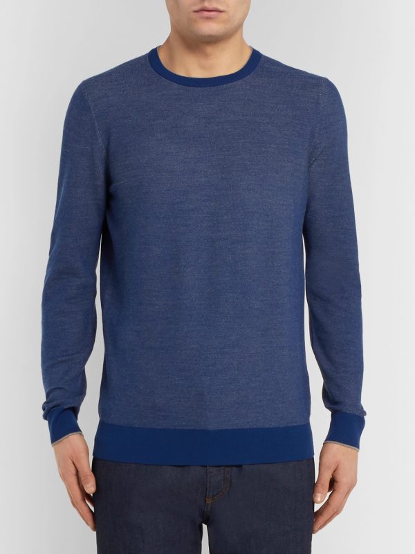 Contrast-Tipped Mélange Wool and Cashmere-Blend Piqué Sweater - FR Contrast-Tipped Mélange Wool and Cashmere-Blend Piqué Sweater - FR