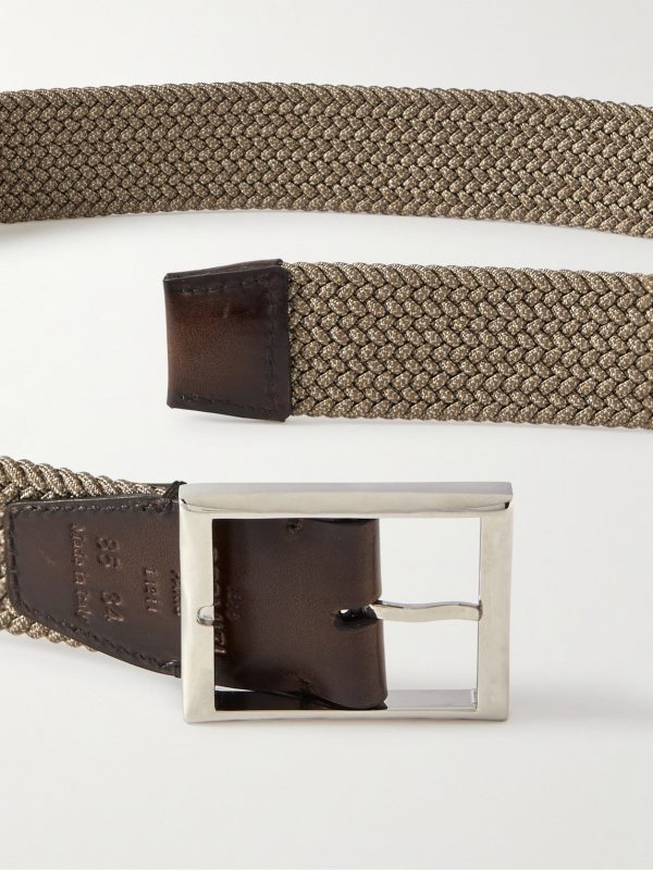 3.5cm Leather-Trimmed Woven Elastic Belt - CU 3.5cm Leather-Trimmed Woven Elastic Belt - CU