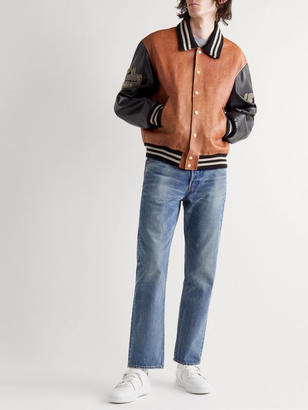Teddy Oversized Logo-Appliquéd Leather Bomber Jacket - OU Teddy Oversized Logo-Appliquéd Leather Bomber Jacket - OU