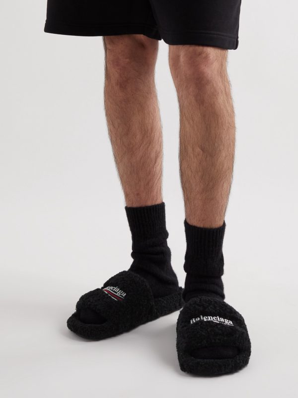 Logo-Embroidered Fleece Slides - E1