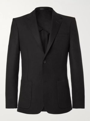 Black Unstructured Worsted Wool Suit Jacket