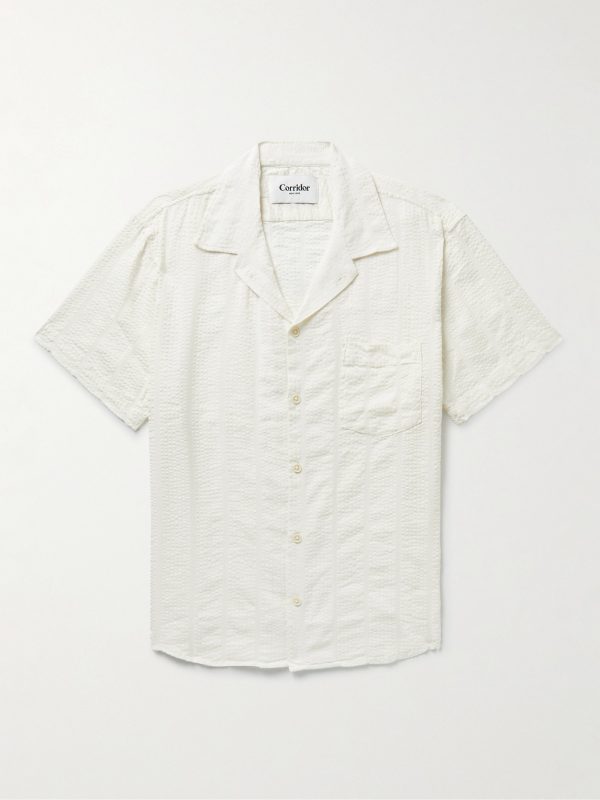 Camp-Collar Striped Cotton-Blend Seersucker Shirt