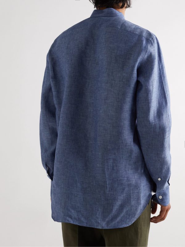 Grandad-Collar Linen Shirt - BK Grandad-Collar Linen Shirt - BK