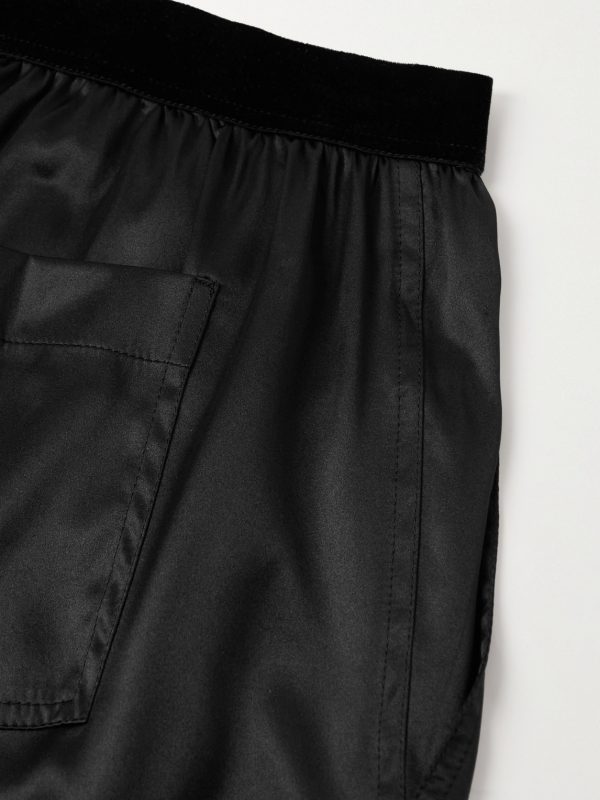 Velvet-Trimmed Stretch-Silk Satin Pyjama Trousers - CU