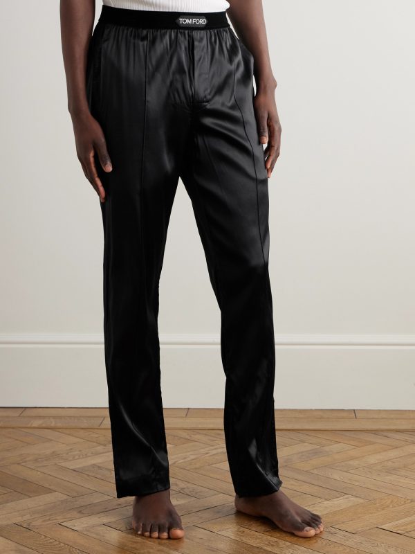 Velvet-Trimmed Stretch-Silk Satin Pyjama Trousers - FR