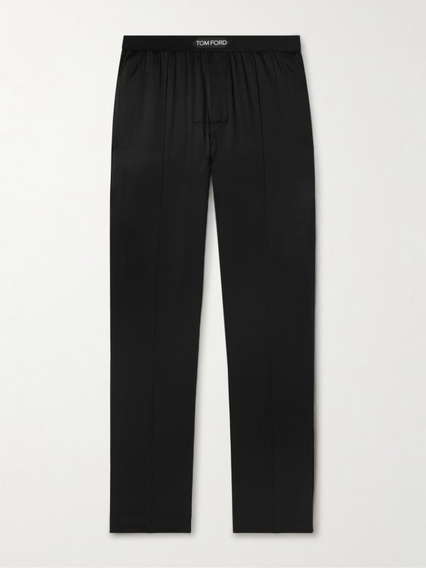 Velvet-Trimmed Stretch-Silk Satin Pyjama Trousers
