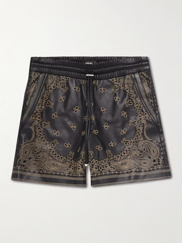 Wide-Leg Laser-Cut Leather Drawstring Shorts