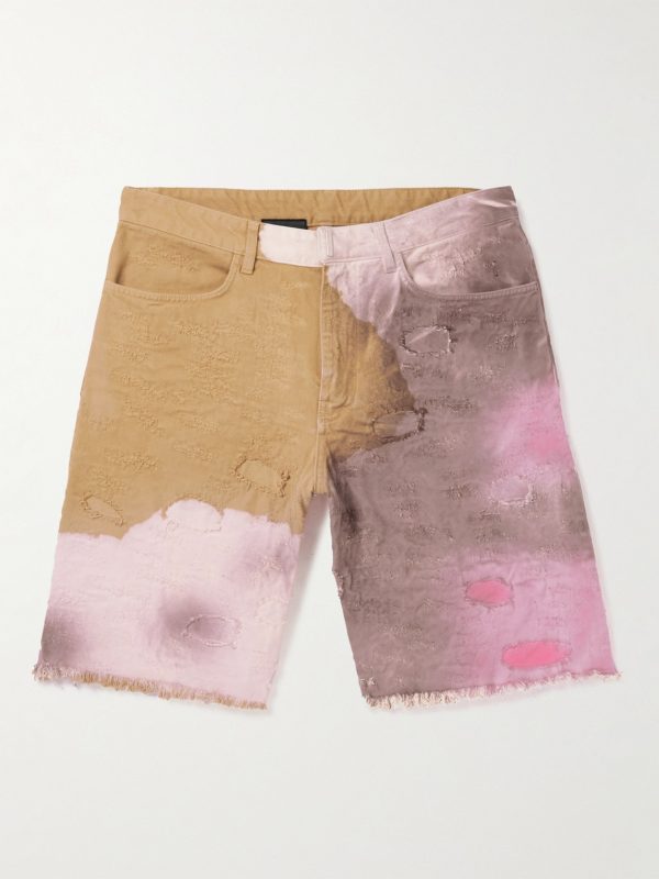 Wide-Leg Distressed Tie-Dyed Denim Shorts Wide-Leg Distressed Tie-Dyed Denim Shorts