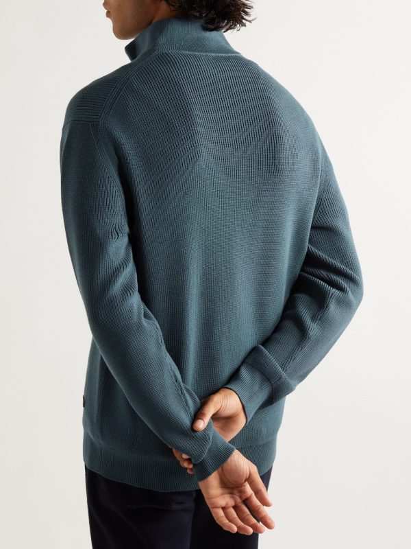 Leather-Trimmed Ribbed Wool Half-Zip Sweatshirt - BK Leather-Trimmed Ribbed Wool Half-Zip Sweatshirt - BK