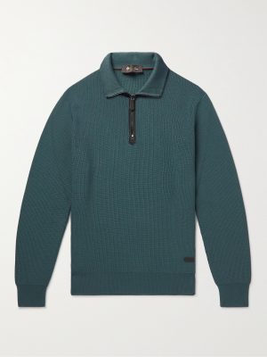 Leather-Trimmed Ribbed Wool Half-Zip Sweatshirt