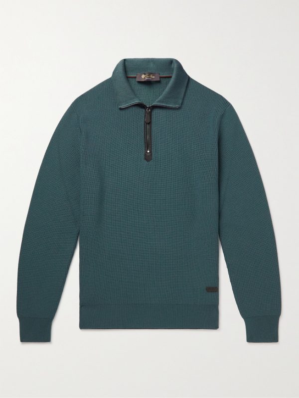 Leather-Trimmed Ribbed Wool Half-Zip Sweatshirt Leather-Trimmed Ribbed Wool Half-Zip Sweatshirt