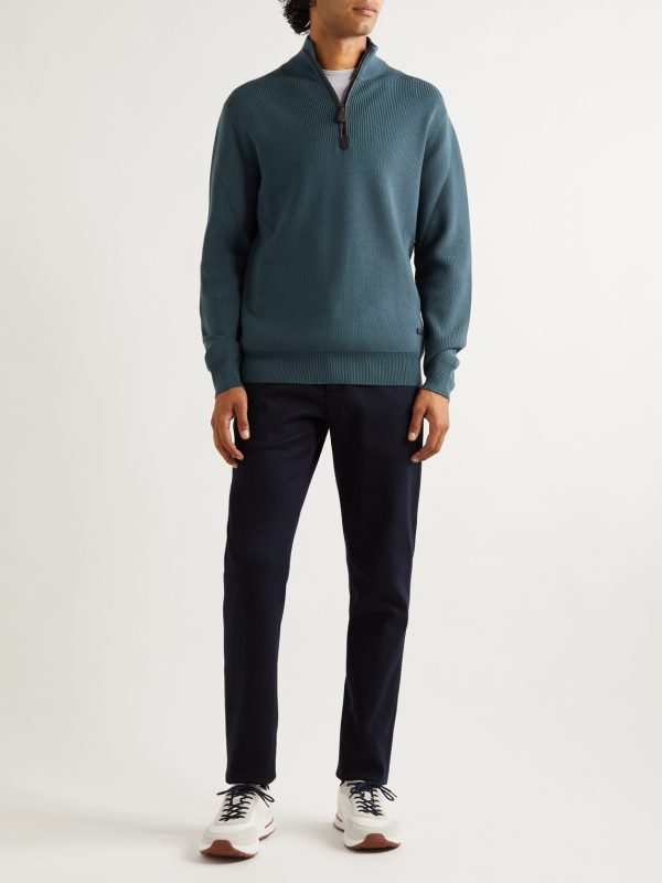 Leather-Trimmed Ribbed Wool Half-Zip Sweatshirt - OU Leather-Trimmed Ribbed Wool Half-Zip Sweatshirt - OU