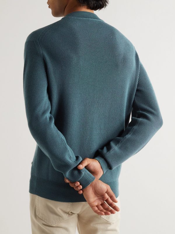 Slim-Fit Leather-Trimmed Ribbed Virgin Wool Sweater - BK Slim-Fit Leather-Trimmed Ribbed Virgin Wool Sweater - BK