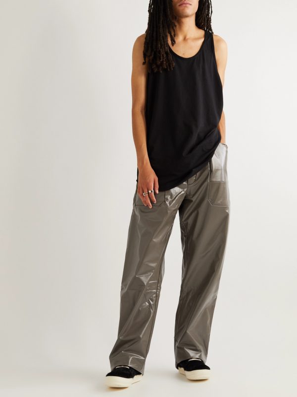 MT Drawstring Long Wide-Leg Coated Cotton-Blend Jersey Trousers - OU MT Drawstring Long Wide-Leg Coated Cotton-Blend Jersey Trousers - OU