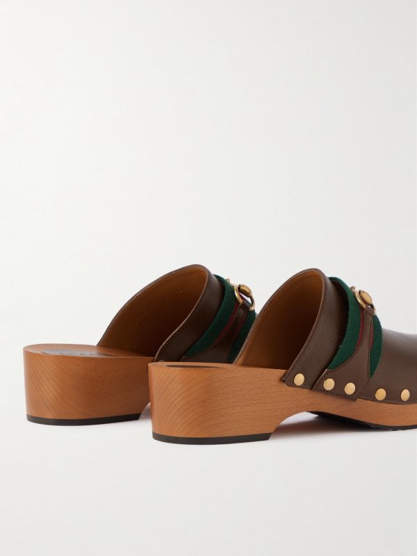 Horsebit Webbing-Trimmed Leather Clogs - BK Horsebit Webbing-Trimmed Leather Clogs - BK