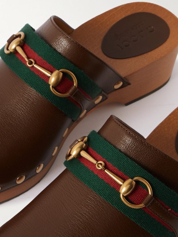 Horsebit Webbing-Trimmed Leather Clogs - CU Horsebit Webbing-Trimmed Leather Clogs - CU