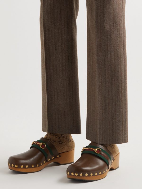 Horsebit Webbing-Trimmed Leather Clogs - E1 Horsebit Webbing-Trimmed Leather Clogs - E1