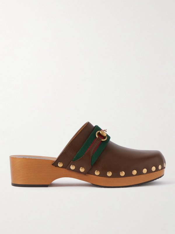 Horsebit Webbing-Trimmed Leather Clogs Horsebit Webbing-Trimmed Leather Clogs