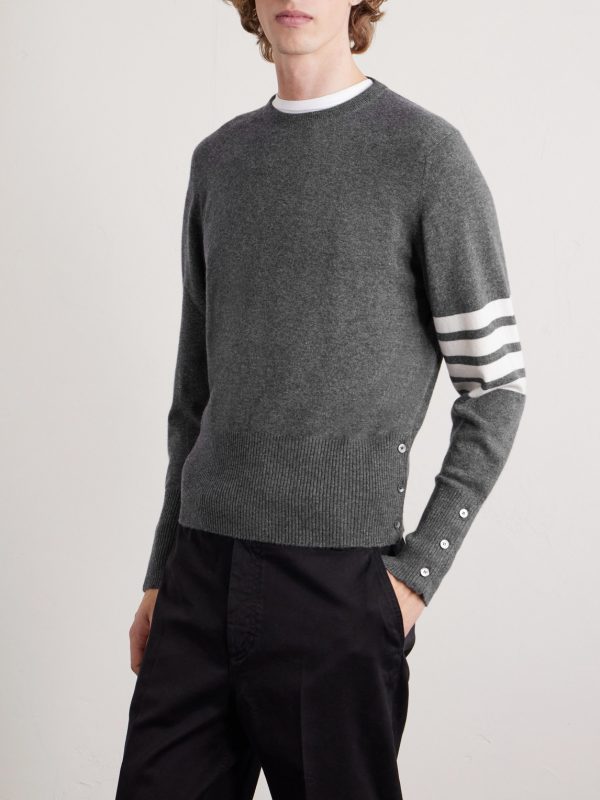 Slim-Fit Striped Grosgrain-Trimmed Cashmere Sweater - FR Slim-Fit Striped Grosgrain-Trimmed Cashmere Sweater - FR
