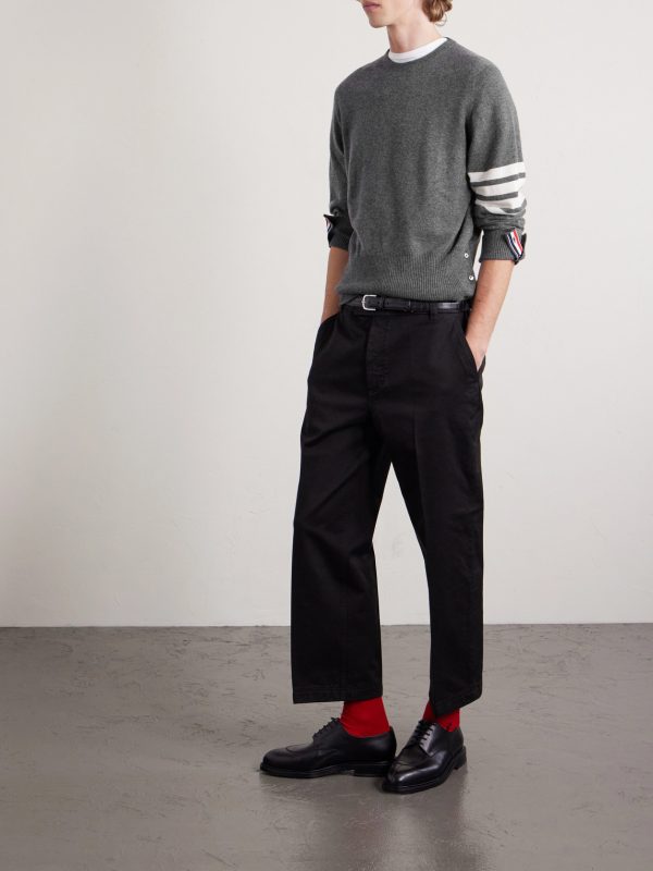 Slim-Fit Striped Grosgrain-Trimmed Cashmere Sweater - OU Slim-Fit Striped Grosgrain-Trimmed Cashmere Sweater - OU