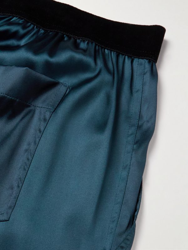 Velvet-Trimmed Stretch-Silk Satin Pyjama Trousers - E1