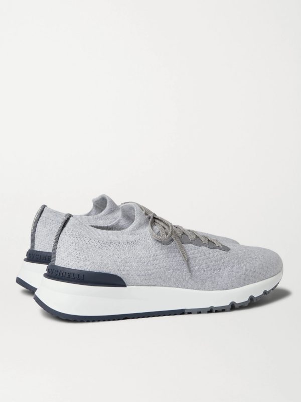 Leather-Trimmed Stretch-Knit Sneakers - BK Leather-Trimmed Stretch-Knit Sneakers - BK