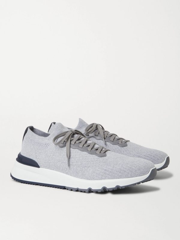 Leather-Trimmed Stretch-Knit Sneakers - FR Leather-Trimmed Stretch-Knit Sneakers - FR