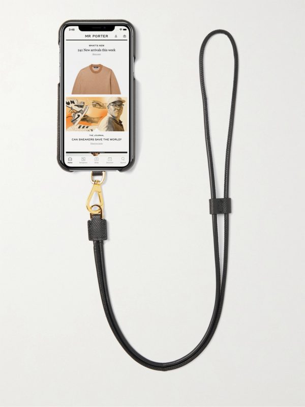 Logo-Print Full-Grain Leather iPhone 11 Pro Case with Lanyard - BK