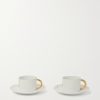 Haas Mojave Set of Two Gold-Plated Porcelain Tea Cups and Saucers Haas Mojave Set of Two Gold-Plated Porcelain Tea Cups and Saucers