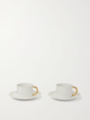 Haas Mojave Set of Two Gold-Plated Porcelain Tea Cups and Saucers