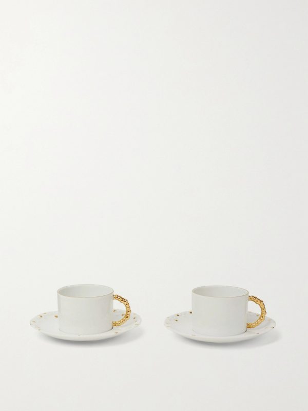 Haas Mojave Set of Two Gold-Plated Porcelain Tea Cups and Saucers Haas Mojave Set of Two Gold-Plated Porcelain Tea Cups and Saucers