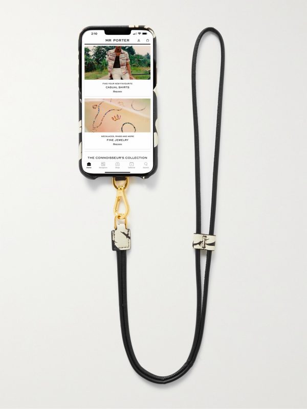 Floral-Print Full-Grain Leather iPhone 11 Pro Case with Lanyard - BK