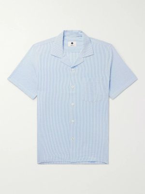 Miyagi Camp-Collar Striped Seersucker Shirt