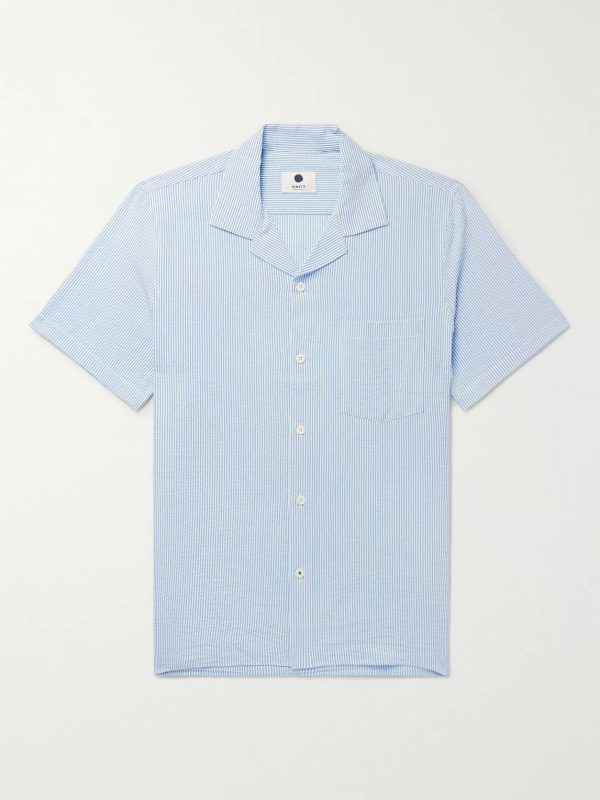 Miyagi Camp-Collar Striped Seersucker Shirt Miyagi Camp-Collar Striped Seersucker Shirt