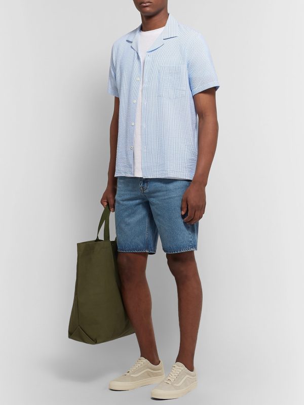 Miyagi Camp-Collar Striped Seersucker Shirt - OU Miyagi Camp-Collar Striped Seersucker Shirt - OU