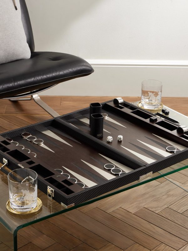 Sutton Walnut, Leather and Stainless Steel Backgammon Set - OU Sutton Walnut, Leather and Stainless Steel Backgammon Set - OU